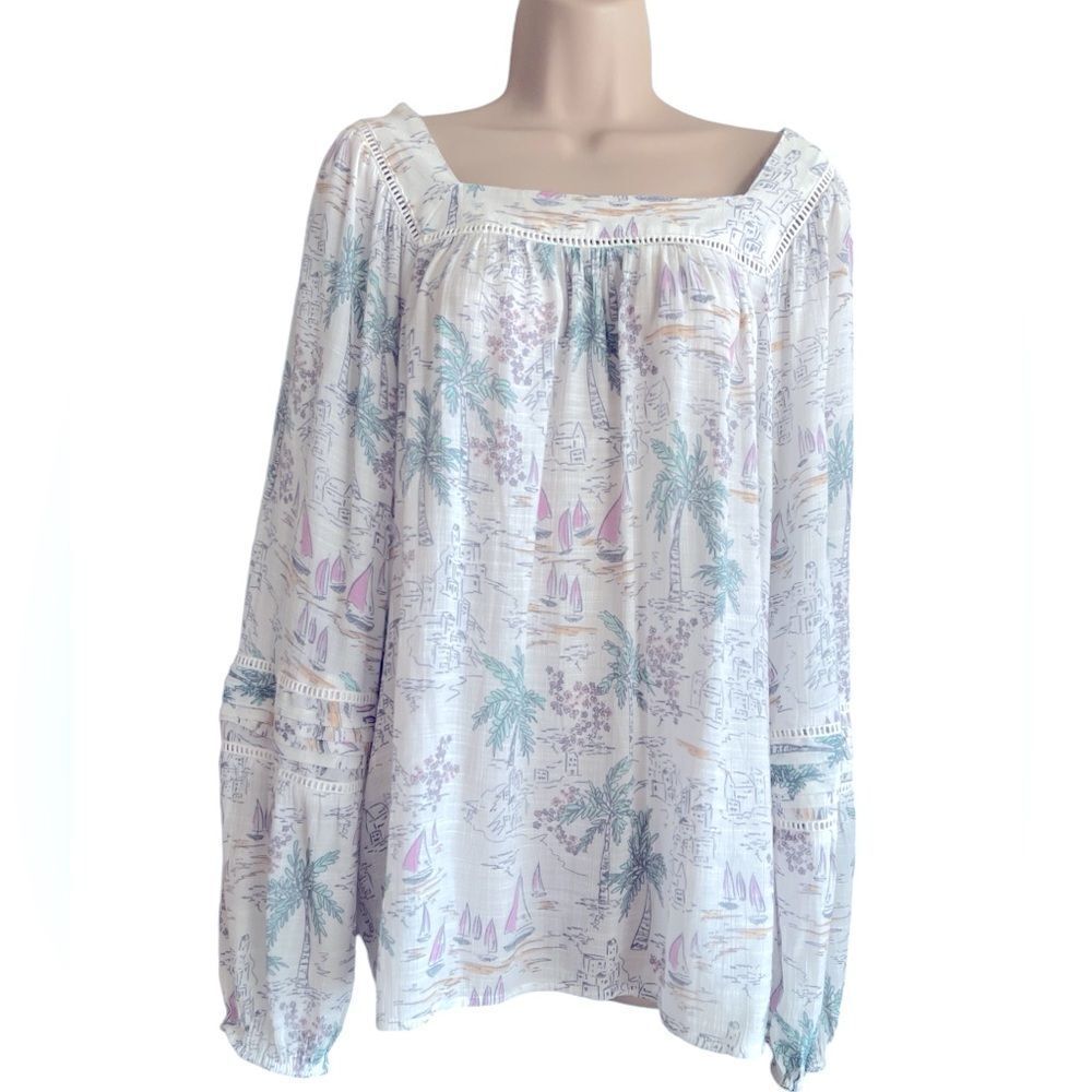LC Lauren Conrad Beach Town Print Blouse Peasant Top Sz XXL Womens Bubble Sleeve